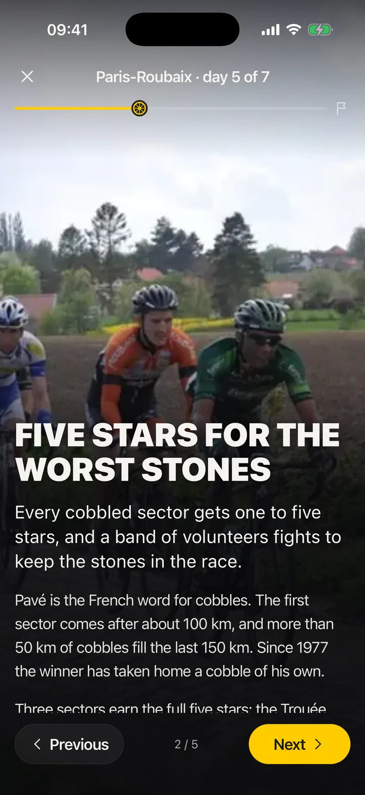 A Paris-Roubaix briefing card, Five stars for the worst stones, over a photo of riders on the cobbles