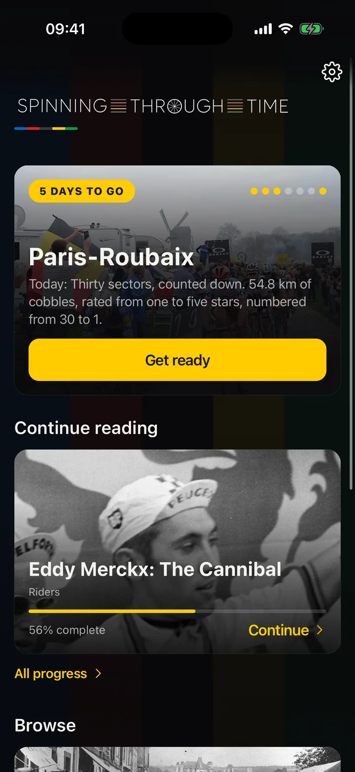 The app's home screen: Paris-Roubaix, 5 days to go, with today's briefing, and Eddy Merckx under Continue reading