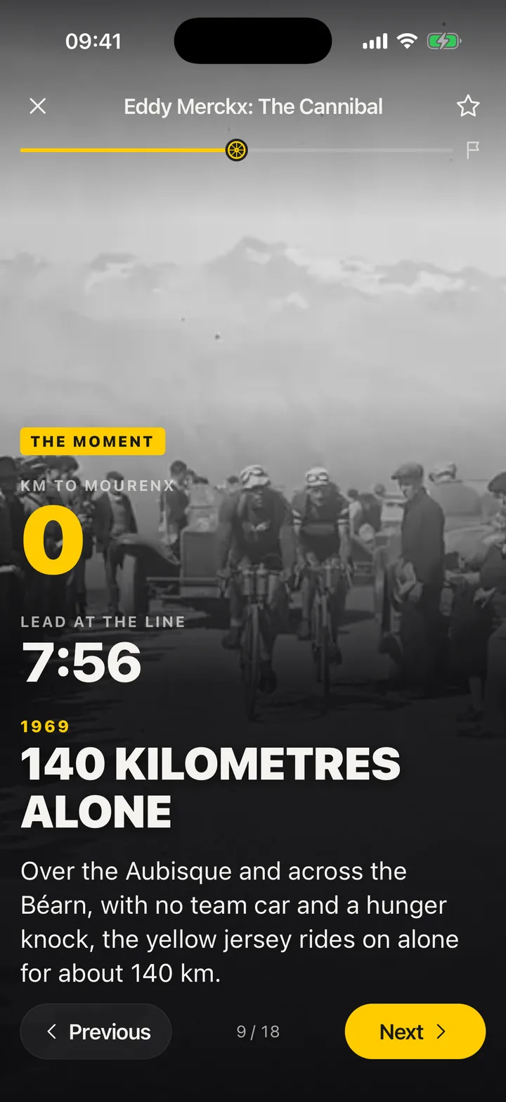 The moment in the Eddy Merckx story: counters reading 0 kilometres to Mourenx and a 7:56 lead at the line, over an archive photo from the 1969 Tour