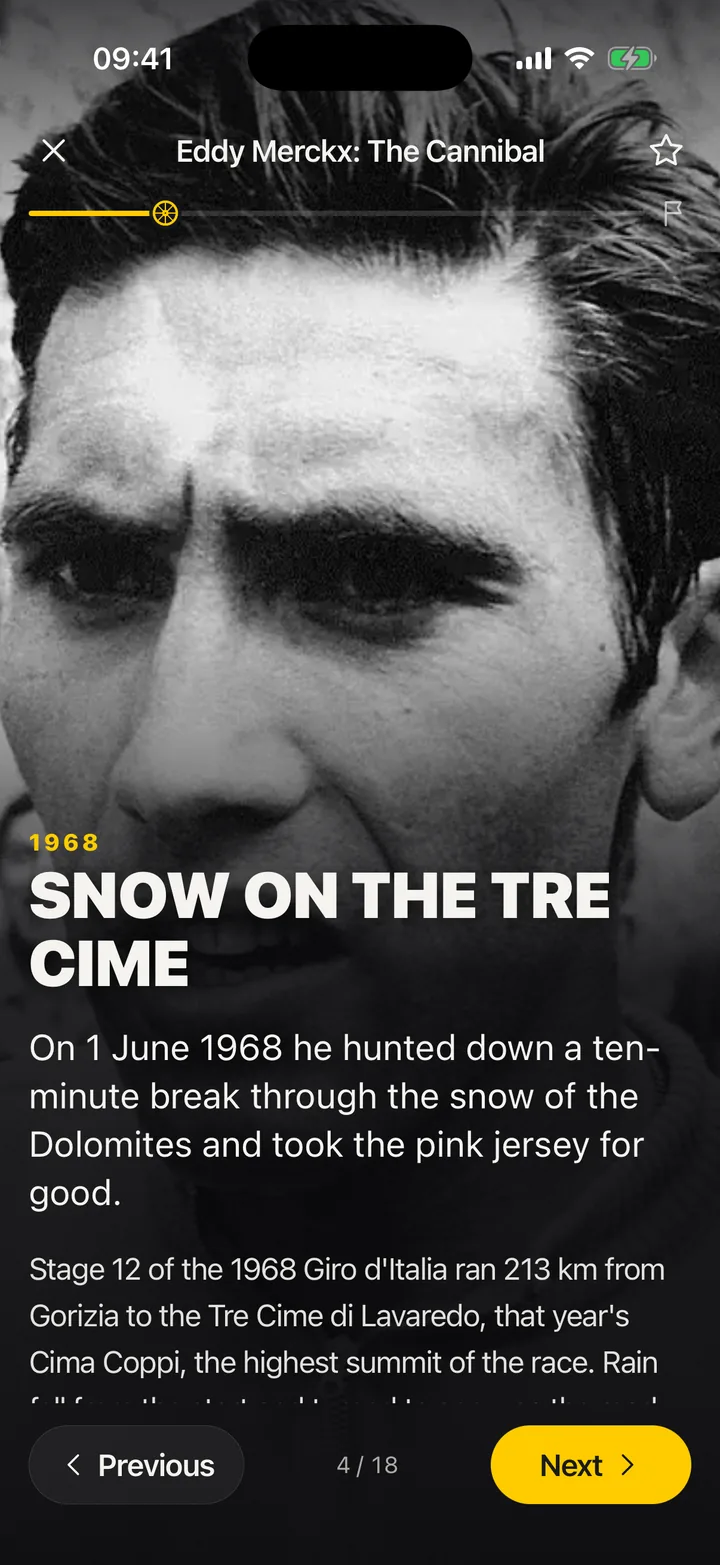 Slide Snow on the Tre Cime: a 1968 archive portrait of Eddy Merckx fills the screen