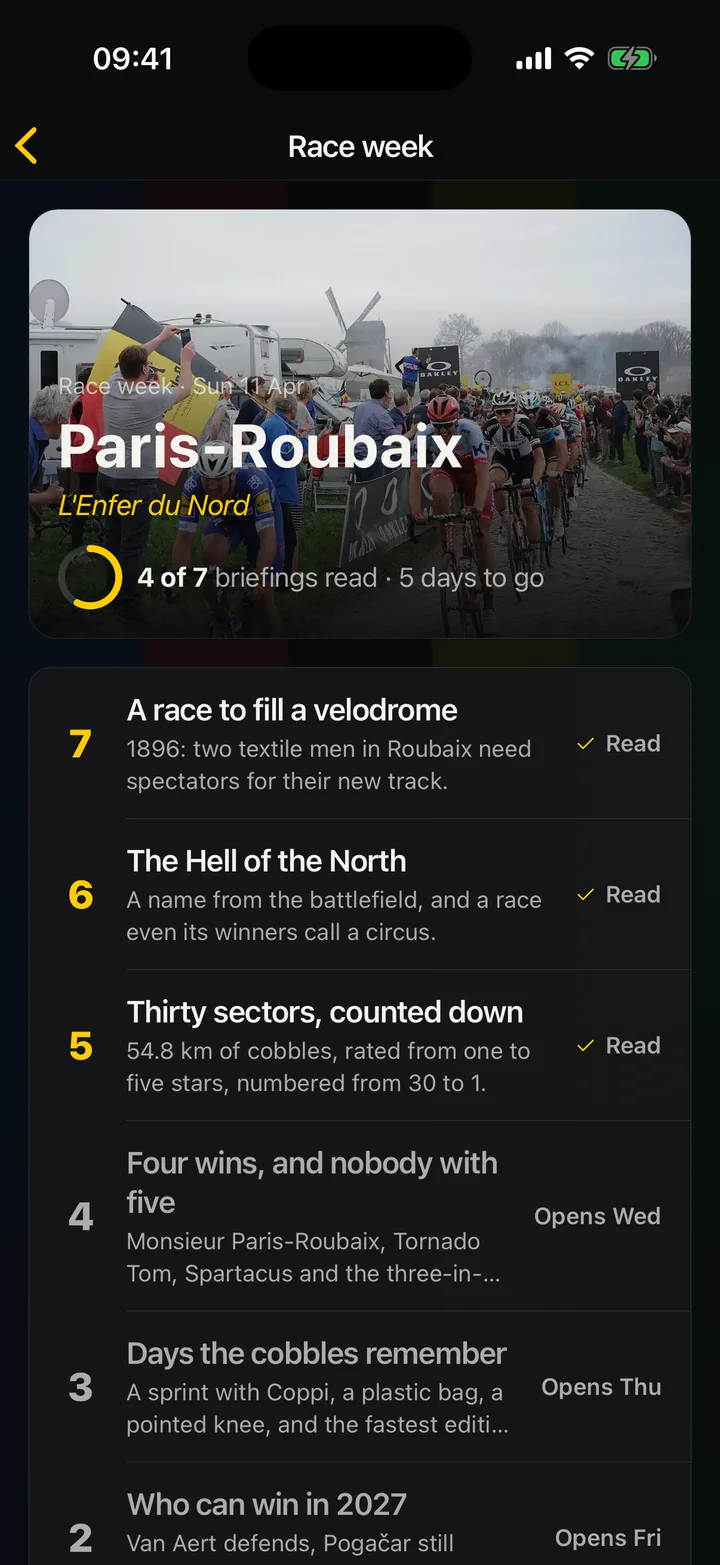 The Paris-Roubaix race week screen: 4 of 7 briefings read, five days to go, with the days listed as read, open or opening