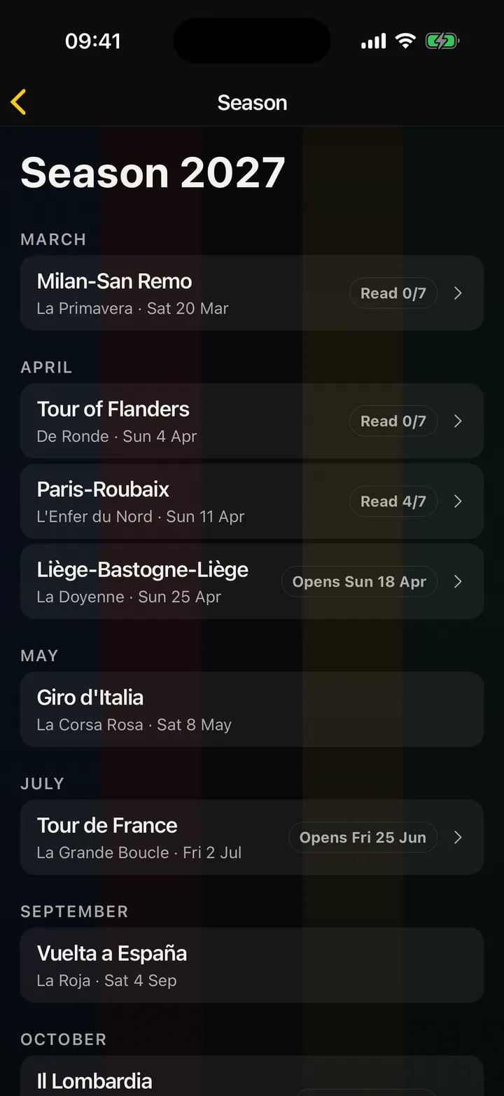 The Season 2027 screen: Milan-San Remo, Tour of Flanders, Paris-Roubaix and Liège-Bastogne-Liège with how many briefings were read for each