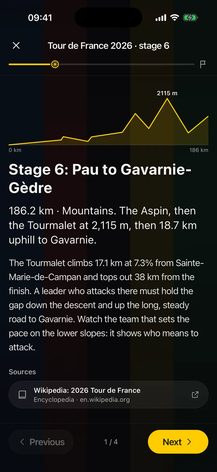 A stage briefing for Pau to Gavarnie-Gèdre with an elevation profile peaking at the Tourmalet, 2,115 metres