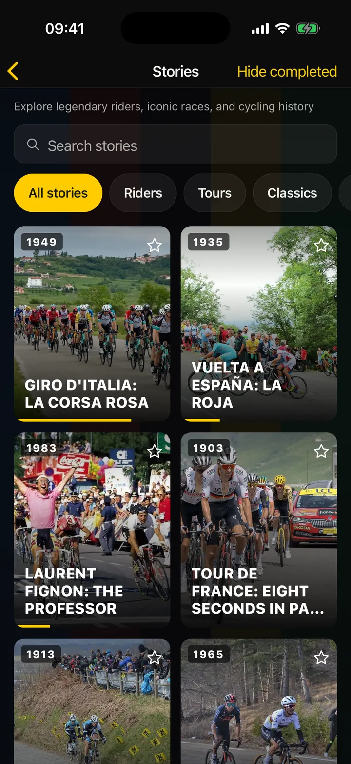 The Stories grid: covers for the Giro d'Italia, the Vuelta, Laurent Fignon and the Tour de France, each with its year