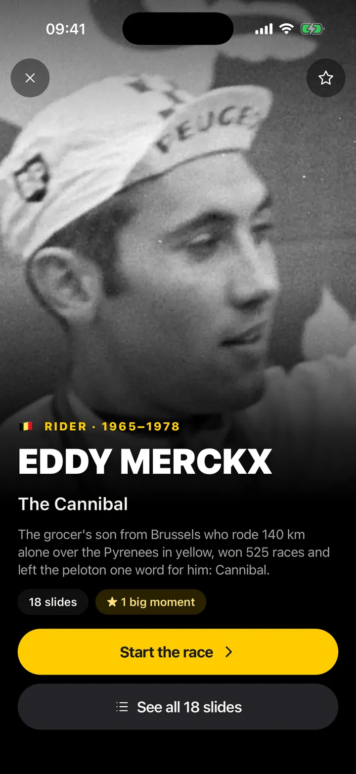 The start of the Eddy Merckx story: an archive portrait, The Cannibal, 18 slides, one big moment, and a Start the race button