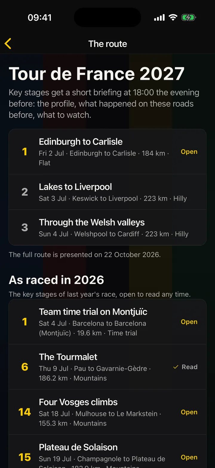 The Tour de France 2027 route screen, with the first three stages from Edinburgh and the key stages of 2026 below